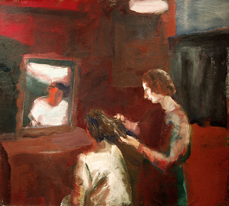 &lt;i&gt;Girl Getting a Haircut&lt;/i&gt;, 1962&lt;br /&gt; Oil on canvas &nbsp;&nbsp;63 x 70 inches 160 x 177.8 cm &nbsp;&nbsp;Signed, titled, dated and inscribed 'Elmer Bischoff / 1962 / Girl Getting a Haircut / 63 x 70' on the reverse